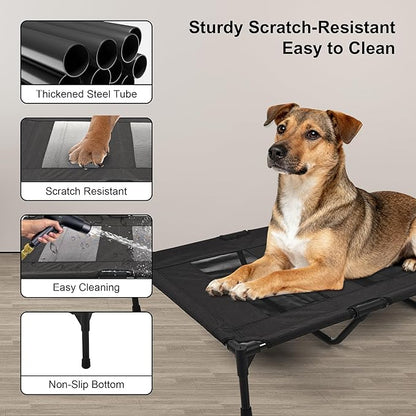 Raised Dog Bed Cooling Cot for Indoor Outdoor Use Portable Waterproof Mesh Pet Bed Washable for Large Medium Small Dogs, Black