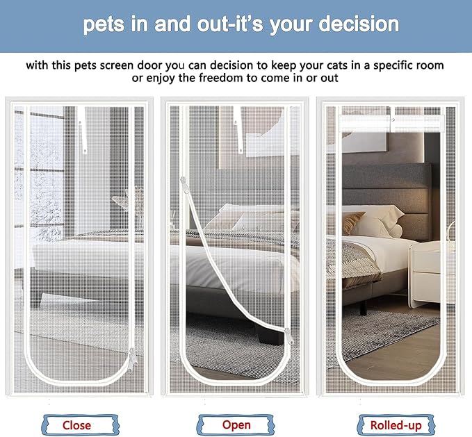 Reinforced Cat Screen Door,Fits Door Opening Size 34''x 81'',Thickened Cat Resistant Mesh Screen Door for Living Room,Kitchen,Bedroom,Cat Proof Screen with Zipper Closure. (U-Type,White)