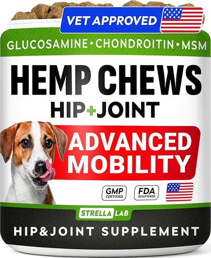 Advanced Hemp + Glucosamine Dog Joint Supplement - Hip Joint Pain Relief - Mobility Chews for Dogs - Chondroitin, MSM, Omega - Made in USA - Lamb Flavor - 120 Hemp Treats