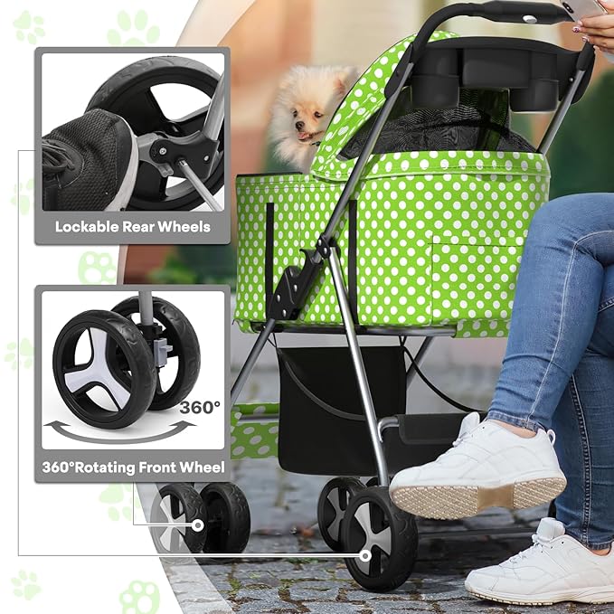 3-in-1 Visible Foldable Pet Carrier, Detachable Car Seat and Stroller with Push Button Entry for Small Pets, Cat Dog Carrier for Medium Dogs Cats, Load Up to 33 lbs, Green Polka Dots