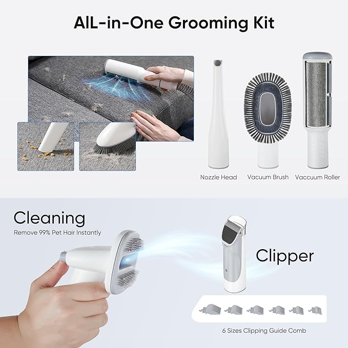 NEWBULIG 5-in-1 Pet Grooming Vacuum Kit, 2.5L Dust Cup, 3 Suction Modes and 5 Groomer Tools, Dog Clippers with Cordless Low Noise for Cats, Dogs Other Animals Hair Trimmer
