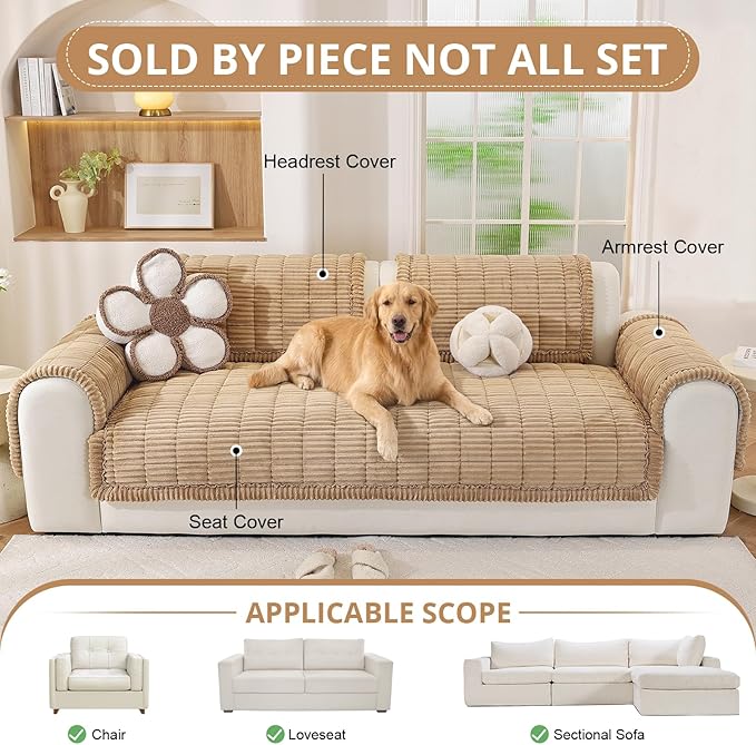 OstepDecor Washable Couch Cover for Dogs, Thick Pet Friendly Sofa Covers, Soft Couch Protector, Paw Cart Sofa Slipcovers, Cushion Protector for Leather, Sectional, Loveseat (35.4" x 47.2", Khaki)