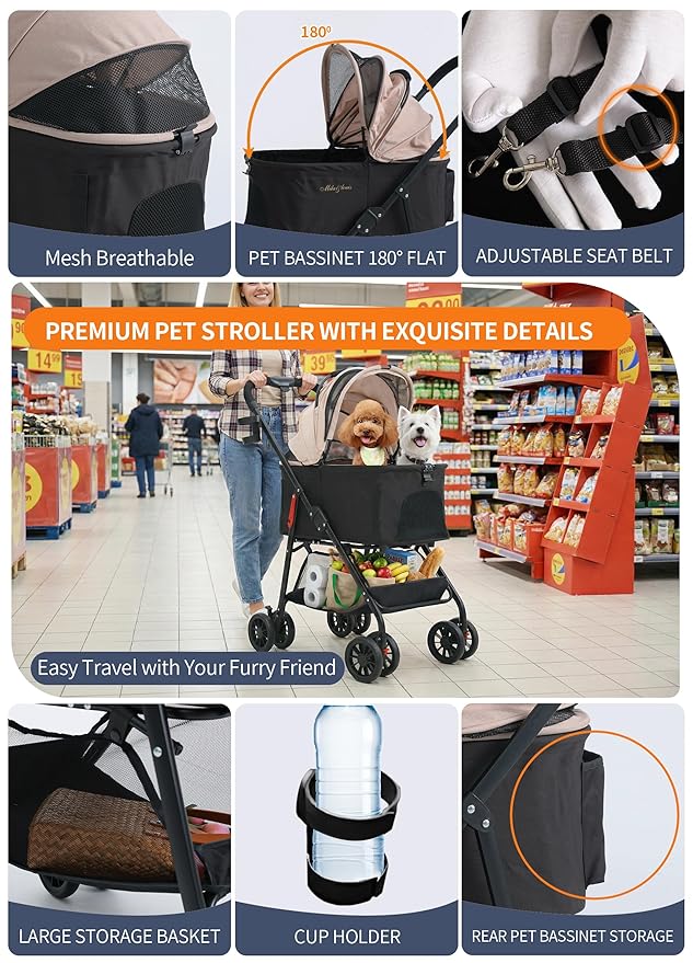 MILA&LOUIS Dog Stroller, 26" Pet Cradle for Medium Dog, Lightweight Foldable Dog Stroller for Multiple Small Pets Durable PU 4-Wheel Dog Strollers, Pet Stroller for Dogs & Cats up to 55Lbs