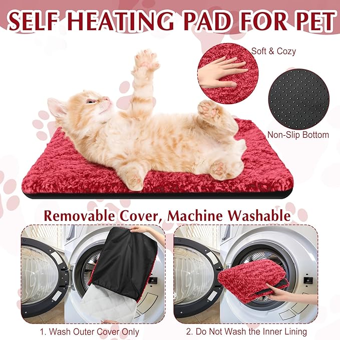 Drydiet 4 Pack Self Warming Cat Pads Self Heating Cat Mat Washable Homeless Dogs Thermal Pads Kennel Pad Reflects Body Heat Warm Crate Bed Mat for Indoor Outdoor Pet(Red,16 x 20 Inch)