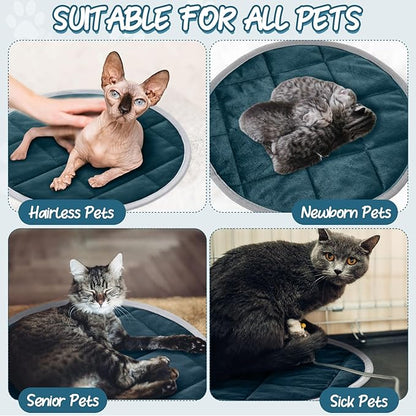 Drydiet 2 Pcs Self Warming Cat Mat Round Self Heating Pad Bed Reversible Machine Washable Heated Bed Anti Slip Warming Pad Pet Mat for Cat Crate Indoor Outdoor(Blue,16 Inch)