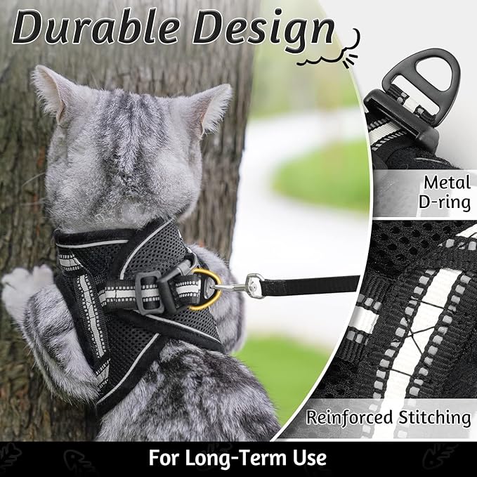 rabbitgoo Cat Harness and Leash Set for Walking Escape Proof, Adjustable Soft Kittens Vest with Reflective Strip for Cats, Comfortable Outdoor Vest, Black, M