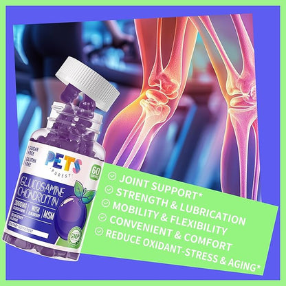 Pets Purest Glucosamine Chondroitin Gummies with MSM & Elderberry Extra Strength - Joint Support, Antioxidant Immune Support Supplement for Adults, Men & Women.60 Blueberry Gummies