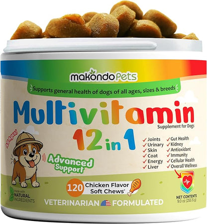 Multivitamin for Dogs 12 in 1 Soft Chews (120) – Dog multivitamin with probiotics + Digestive enzymes, Skin & Coat Support, Immune Defense & Gut Health, Cranberry Urinary Support