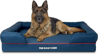 The Dog’s Bed Orthopedic Memory Foam Dog Bed with Bolsters for XL Dogs, Waterproof Washable Cover, Anti-Slip Base, Calming Surface – CertiPUR-Certified Foam, Oxford Fabric, Blue with Dark Red Trim, XL