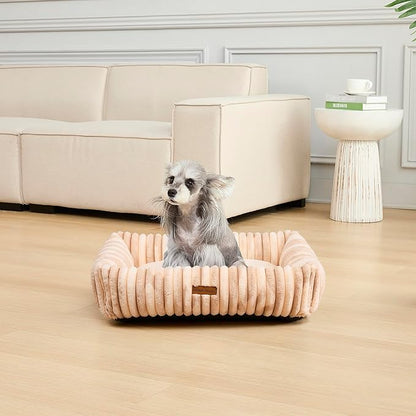 Modern Threads Ribbed Plush Two-Tone Cuddler Dog Bed, Ultra-Soft Faux Rabbit Fur, Supportive Bolstered Sides, Removable Washable Cover, Bed for Medium Dogs, Cream, (28" L x 21" W x 9" Th)