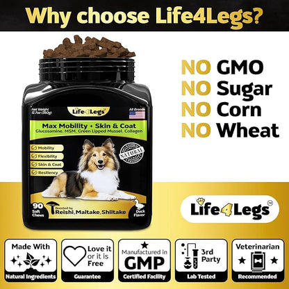 Hip and Joint Chews for Dogs Plus Skin and Coat Supplement - Dog Joint Pain Relief Treats - Glucosamine, Chondroitin, MSM, Hemp Oil, Turmeric, Omega 3 for Dogs, Mobility Bites Dog Health