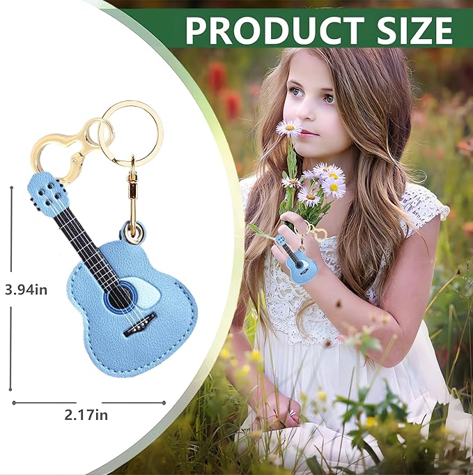 Leather Keychain Holder Case Compatible with AirTag,Cute Protective Cover with Keyring,Anti-Scratch Finder GPS Tracker Case for Wallet Keys,Bag,Pets,Backpack(Guitar Blue)