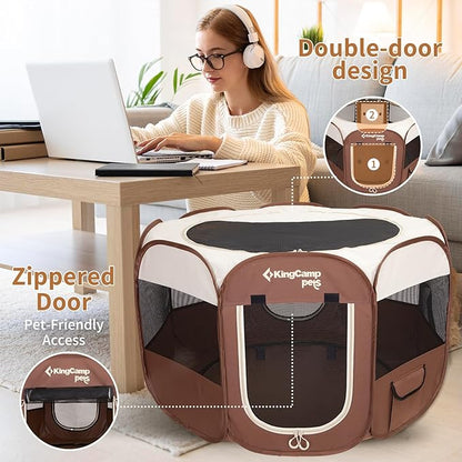 KingCamp Dog Playpen, Portable Foldable Cat Kitten Puppy Tent Crates 29"/36"/50" Pop Up Pet Playpen with Zippered Bottom & Cover for Indoor Outdoor Use (Medium, Khaki)