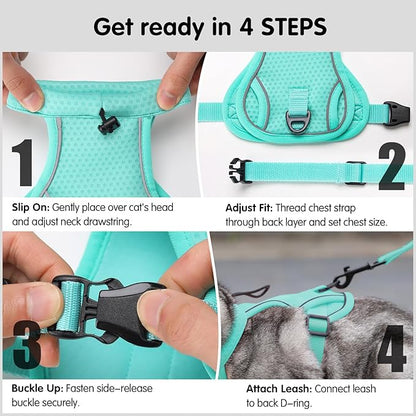 Dotoner Escape Proof Cat Harness and Leash Set Adjustable Soft Mesh Vest for Walking Safe Travel Vet Visit with Reflective Strips for Cats and Kittens(Turquoise-S)
