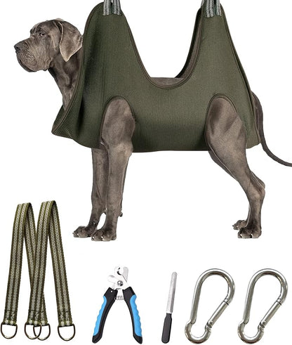 Kkiimatt 10 in 1 Pet Dog Grooming Hammock Harness with Nail Clipper,Dog Hammock for Nail Trim,Grooming Sling Holder Hanger Restraint for Claw Care (XXL+ / 100LB Max, Khaki Green)