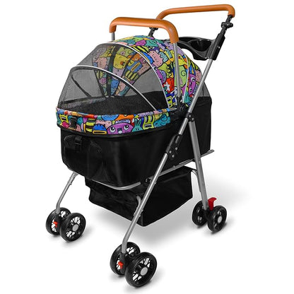 Pet Stroller with Storage Basket and Cup Holder, Folding Dog Jogger, Foldable Cat Stroller, 3 in 1 Puppy Kitten Cart, Pet Jogger for Medium Dog Cat (Magic Black)