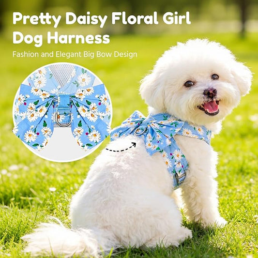 BAEJMJK Dog Harness and Leash Set with Bow Knot No Pull Pet Daisy Floral Harness with D-Ring Soft Mesh Dog Harness Vest Set Escape Proof Princess Puppy Harness for Small Girl Dogs Cats（Blue B M）
