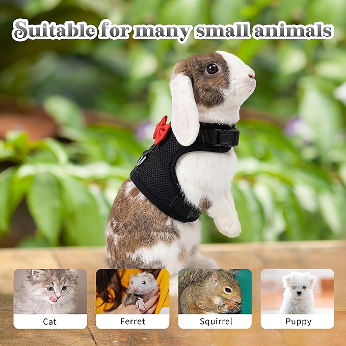 AIITLE Rabbit Harness and Leash Set with Cute Bow, Soft Breathable Mesh Vest Harness for Rabbits Kitten Ferret Puppy Small Pets Walking Supplies Black S