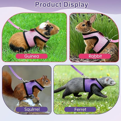 Guinea Pig Harness and Leash，2packs Guinea Pig Clothes Baby Ferret Rats Hamster Soft Mesh Harness Leash for Decoration，Hamster Harness can be Adjusted to Any Size. (Pink + Purple)