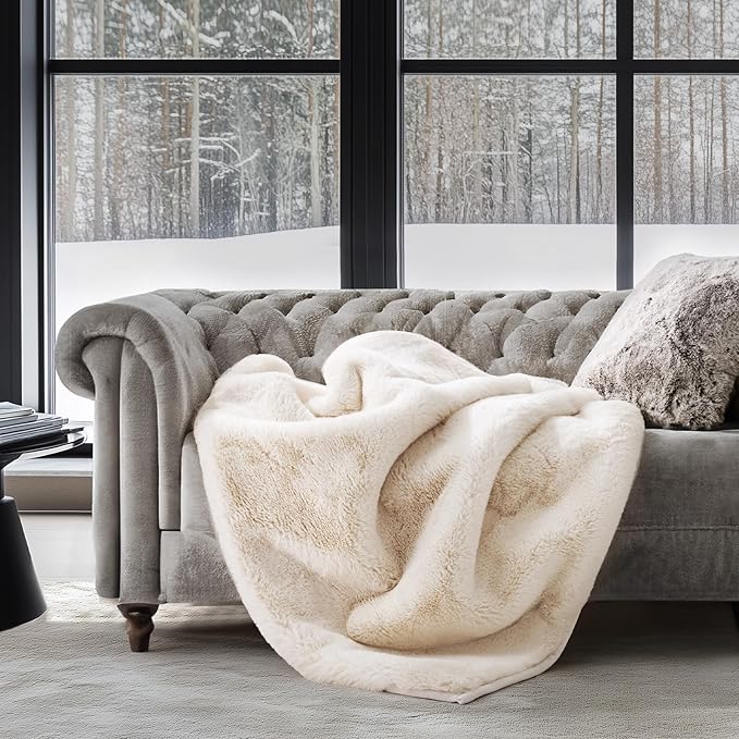 EVERGRACEHOME Luxury Soft Faux Chinchilla Fur Throw Blanket for Couch, Warm Thick Heavy Winter Throw Blanket 1220GSM for Bed, Fluffy Cozy Mink Blanket with Reversible Velvet, Arctic White, 60"x80"