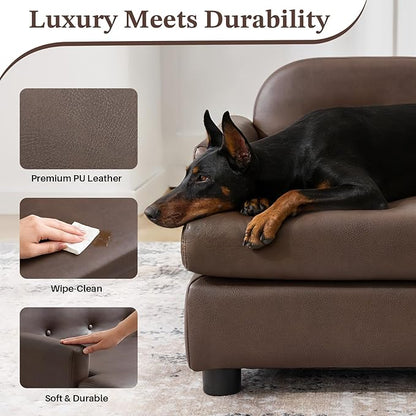 Luxury Dog Sofa Bed Elevated Pet Couch with Durable Waterproof Leather & Orthopedic Sponge - Modern Furniture Style Dog Lounge & Pet Bedside Step for Medium/Large Dogs, Brown