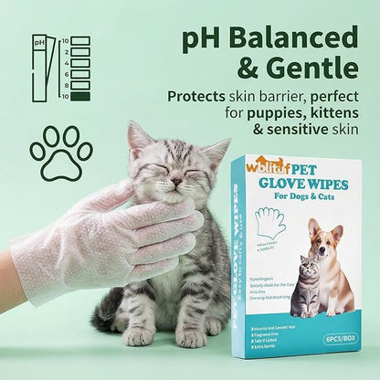 Pet Cleaning Glove Wipes 6 Count | Individually Wrapped Disposable Grooming Glove Wipes with Aloe & Jojoba Oil, Waterless No-Rinse Odor Control, Lick-Safe Five-Finger Design for Dogs&Cats