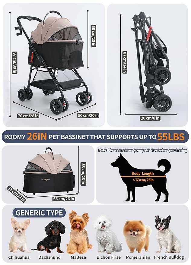 MILA&LOUIS Dog Stroller, 26" Pet Cradle for Medium Dog, Lightweight Foldable Dog Stroller for Multiple Small Pets Durable PU 4-Wheel Dog Strollers, Pet Stroller for Dogs & Cats up to 55Lbs