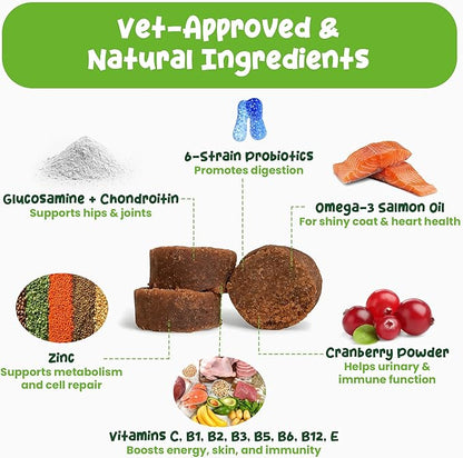 Vibin’ Tails 24-in-1 Dog Multivitamin, Glucosamine Chondroitin Hip & Joint Support, Probiotics & Omega-3, Skin & Coat - Puppy & Senior Chewable Dog Vitamins & Supplements Vet Formulated - 120ct Bacon