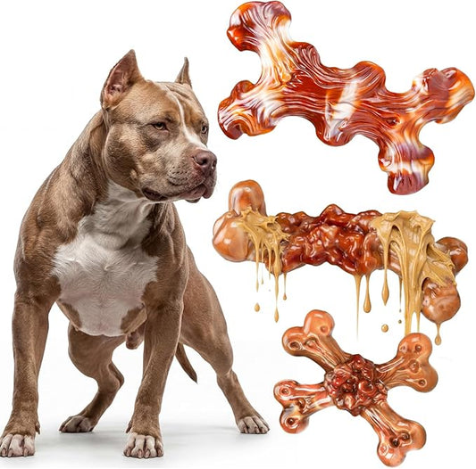3 Pack Indestructible Dog Toys for Aggressive Chewers, Bacon Flavored Nylon Chew Bones, Tough Durable for Large Dogs 20-90 lbs