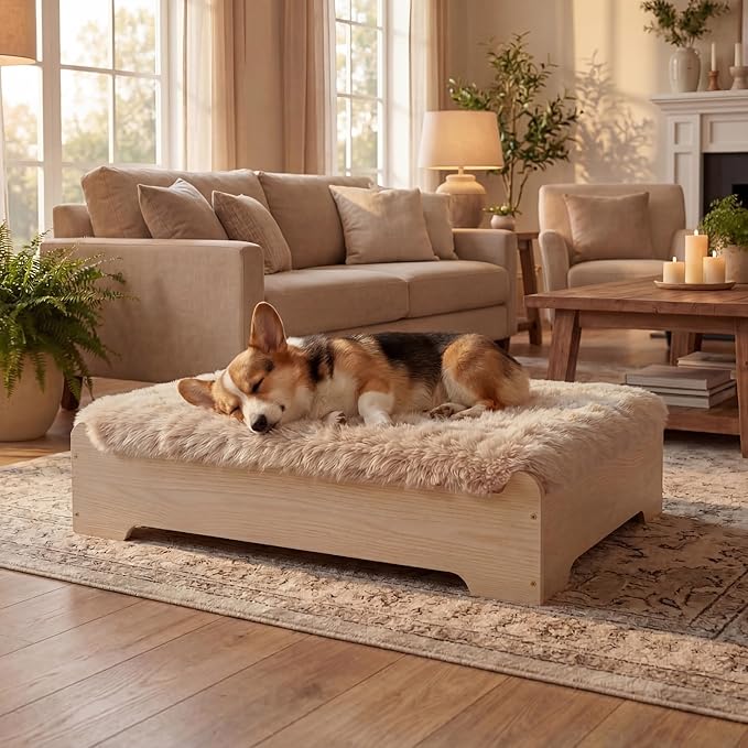 Elevated Wooden Dog Bed with Supportive Cushion & Washable Cover, Sturdy Noise-Free Frame, Modern Furniture-Style Design for Indoor Living Spaces, M Size for Medium Dogs, Natural Wood Finish