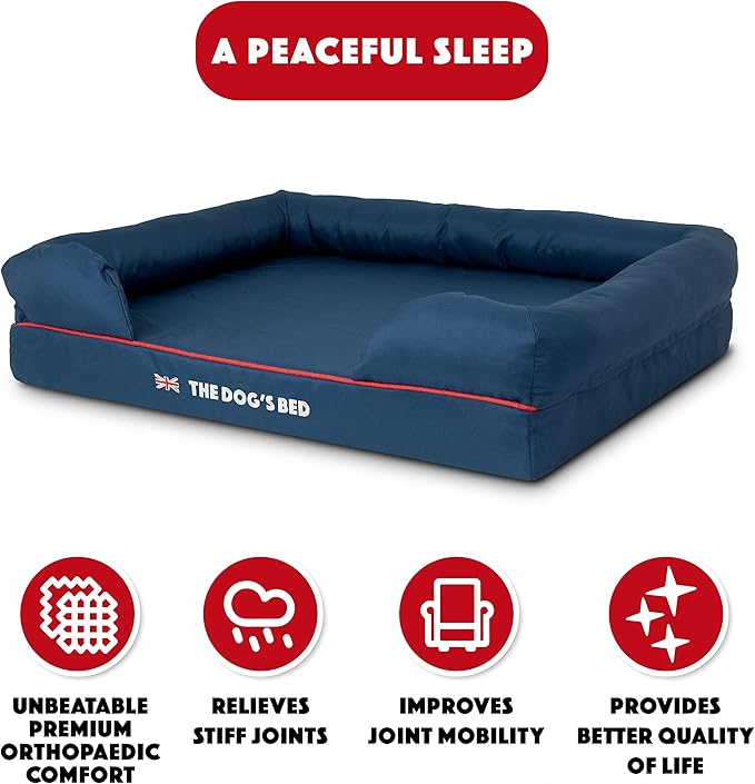 The Dog’s Bed Orthopedic Memory Foam Dog Bed with Bolsters for Large Dogs, High Density Support Mattress, Low Front Entry, Removable Washable Cover, Oxford Fabric, Blue with Dark Red Trim, Large