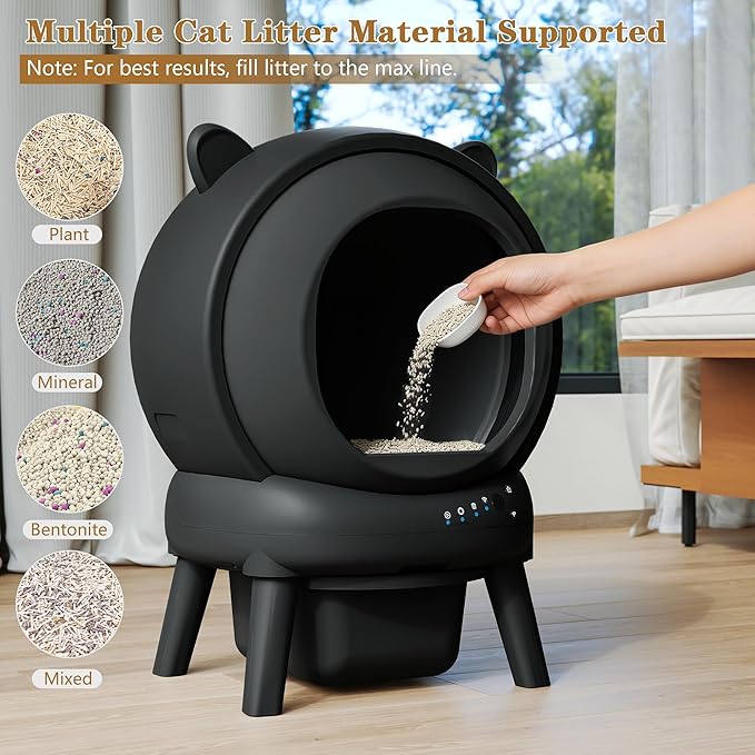 PUPETPO Self Cleaning Litter Box, Automatic Cat Litter Box for Multiple Cats, Auto Litter Box Robot with APP Control, Dual Safety Sensors, Odor Control&Low Noise, Cat Ears Design, Dark Grey