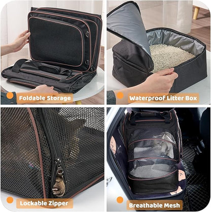 Large Cat Travel Carrier with Litter Box, 17.3"×13"×16" Expandable Cat Carrier for Car Travel, Soft Sided Pet Carrier for Cats/Puppies up to 25lbs, Black