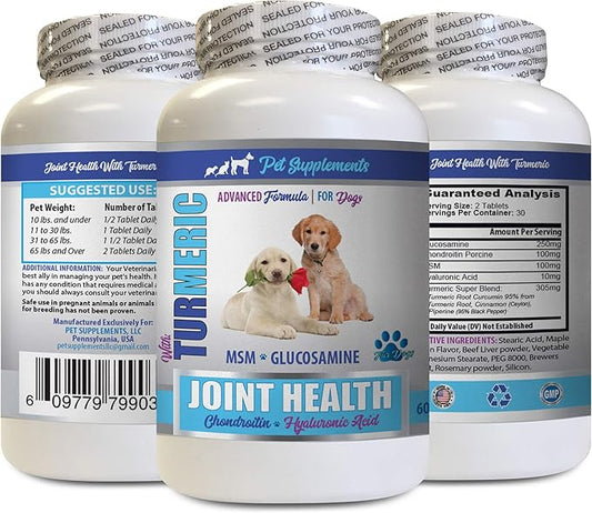PET SUPPLEMENTS & NUTRITION LLC Dog Joint Relief - Joint Health with Turmeric - MSM - GLUCOSAMINE - Hip Support - Dog glucosamine chondroitin chewable - 60 Tablets (1 Bottle)