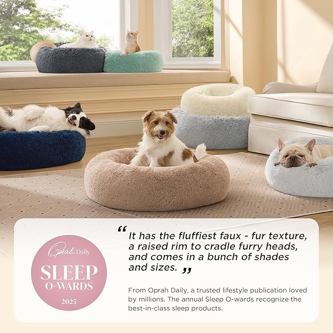 Bedsure Calming Cat Beds for Indoor Cats - Small Cat Bed Washable 20 inches, Anti-Slip Round Fluffy Plush Faux Fur Pet Bed, Fits up to 15 lbs Pets, Purple