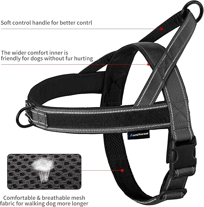 Annchwool No Pull Dog Harness with Padded Handle+5 Ft Leash,Reflective Strip Escape Proof and Quick Fit to Adjust Dog Harness,Easy for Training Walking for Small & Medium and Large Dogs(Black-Set,L)