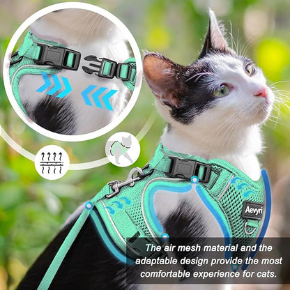 Cat Harness and Leash for Walking, The Upgrade Can be Adjusted in Four Directions and Breathable Cat Harness for Anti Escape that can be Fitted and Positioned, Reflective Strips Harness, Green, S
