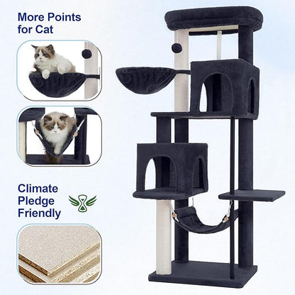 Gitelsnour 51.2'' Cat Tree Tower, Cat Tower with Scratching Post, Sturdy Steel Pube Cat Tree for Inoor Cats Large Adult, Cat Hammock and Basket, Padding Top Platform, Drak Gray GCT014G