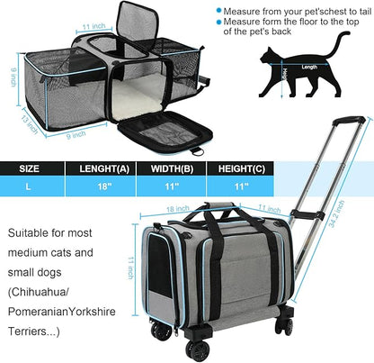 Pet Carrier Airline Approved, Expandable Pet Cat Carriers with Wheels for Dogs, Airline Approved Cat Dog Carrier, TSA Approved Pet Carrier in Cabin, Pet Dog Cat Carrier Soft, Cat Travel Carrier(Grey)
