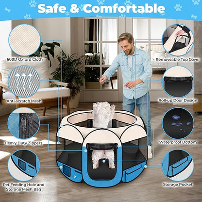 Dog Playpen 36", HOMAGICO Pet Playpen for Indoor Cats Enclosed, Portable Dog Cage Outdoor Tent Crate with Carrying Case,Water-Resistant and Removable Shade Cover, Blue