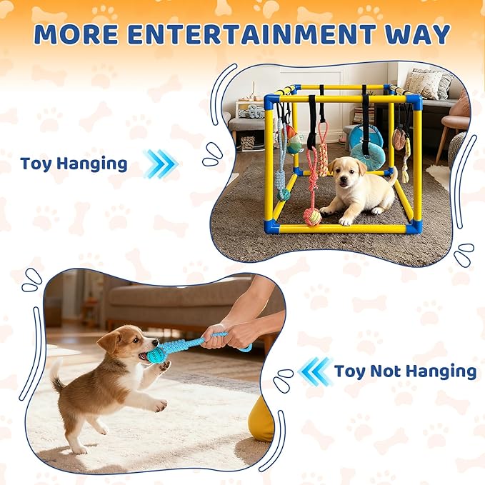 Puppy Play Gym with 8 Hanging Toys Indoor Play Gym Interactive Dog Toys for Boredom Enrichment Activity for Small Dog Teething PVC Frame Stretchy Rope with Velcro (Yellow,19.6 x 19.6 x 19.6 inch)
