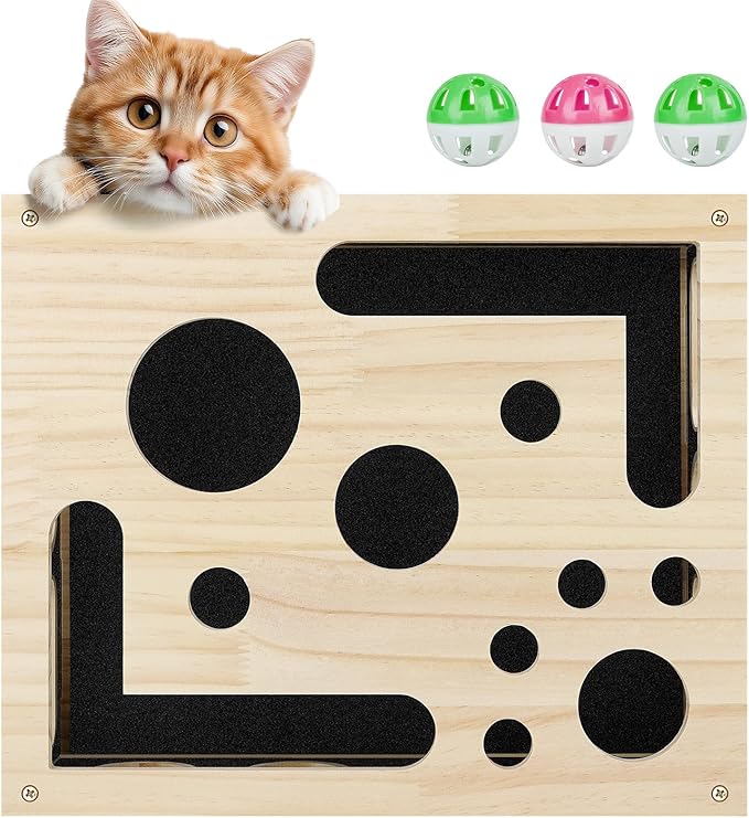 YooxArmor Cat Scratch Puzzle Box, Solid Wood Enrichment Toy with Sandpaper Nail Filer, Stress-Free Claw Care for Indoor Cats