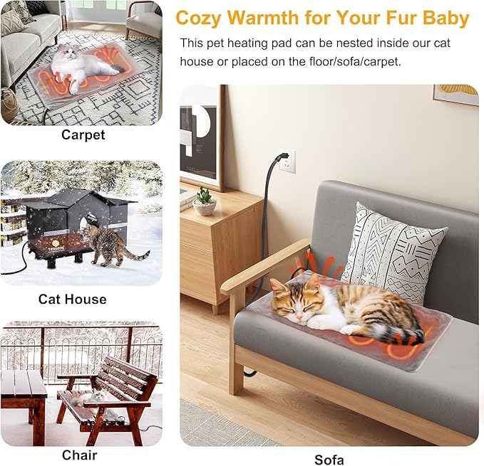 Texsens Cat Heating Pad - Heated Pet Bed Dog Mat with Chew Resistant Cord & Removable Soft Cover - Fits Outdoor Cat House (23.6" x 11.8")
