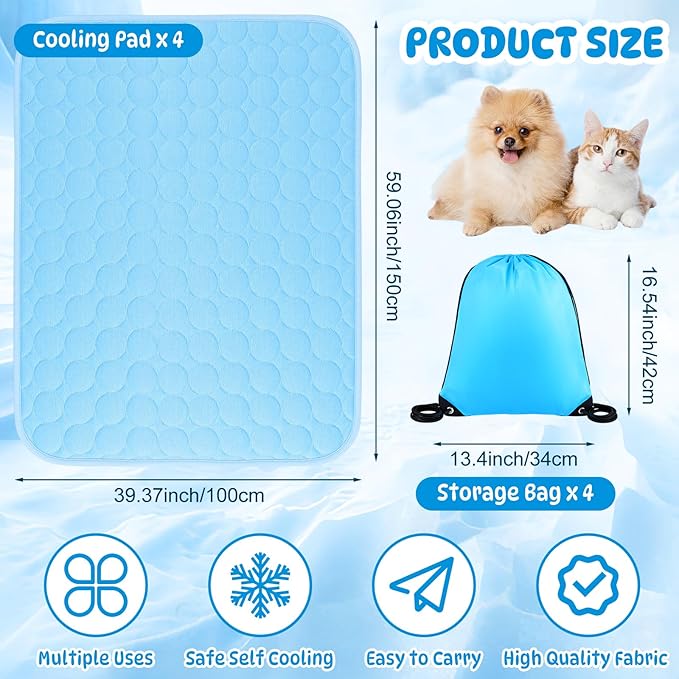 Chunful 4 Pack Pet Cooling Mat for Dogs and Cats, Summer Washable Dog Cooling Pad with Non-Slip Bottom & Storage Bags, Foldable Self-Cooling Blanket for Crate, Sofa, Floor, Car(39 x 59 Inches)