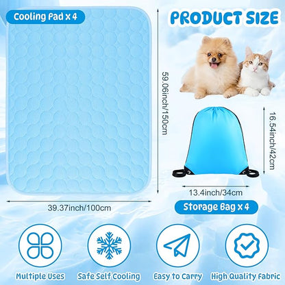 Chunful 4 Pack Pet Cooling Mat for Dogs and Cats, Summer Washable Dog Cooling Pad with Non-Slip Bottom & Storage Bags, Foldable Self-Cooling Blanket for Crate, Sofa, Floor, Car(39 x 59 Inches)