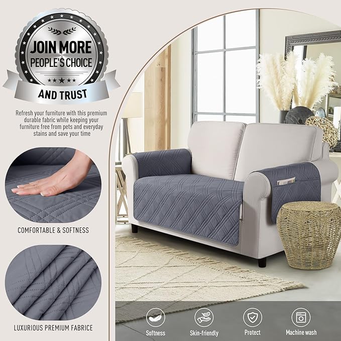 TAOCOCO Waterproof Loveseat Covers for Pets Dogs with Non Slip Backing, Sofa Seat Covers with Side Pocket for 2 Cushion Couch Washable Dog Couch Cover Protector Sofa Slipcovers(Loveseat, Dark Grey)