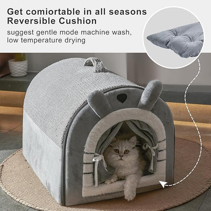 Jiupety Cat Houses for Indoor Cats, Cave Bed with Door Curtain Design, Cute Portable Beds with Reversible Washable Cushion, S Size Up to 6 lb Cat and 4 lb Dog, Non-Slip Bottom, Grey