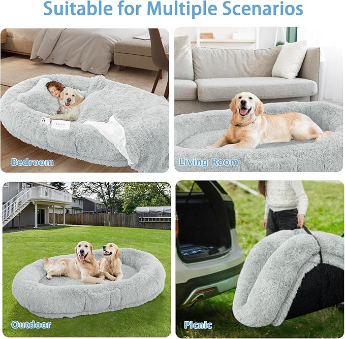 Human & Dog Bed - 71''x45''x12'' Fits People & Pets, 10 CM Thick Memory Foam, Washable, Adult & Large Size, Giant Oversize, Foldable with Plump Pillow, Blanket, Strap - Grey