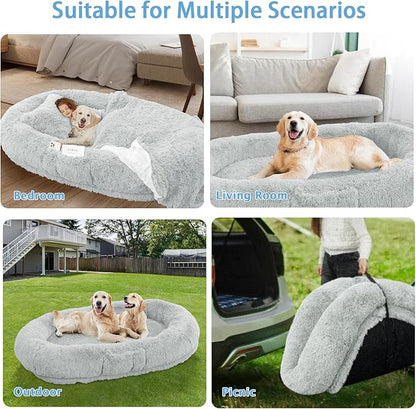 Human & Dog Bed - 71''x45''x12'' Fits People & Pets, 10 CM Thick Memory Foam, Washable, Adult & Large Size, Giant Oversize, Foldable with Plump Pillow, Blanket, Strap - Grey