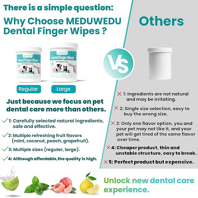 MEDUWEDU Dental Care Finger Wipes 60 Counts,Teeth Cleaning Finger Wipes for Dogs & Cats,Reduces Plaque & Freshens Breath, Mint Scent